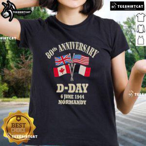Alt Text: 80th Anniversary D-Day tees featuring UK, USA, Canada, and France flags, commemorating June 6, 1944, Normandy.