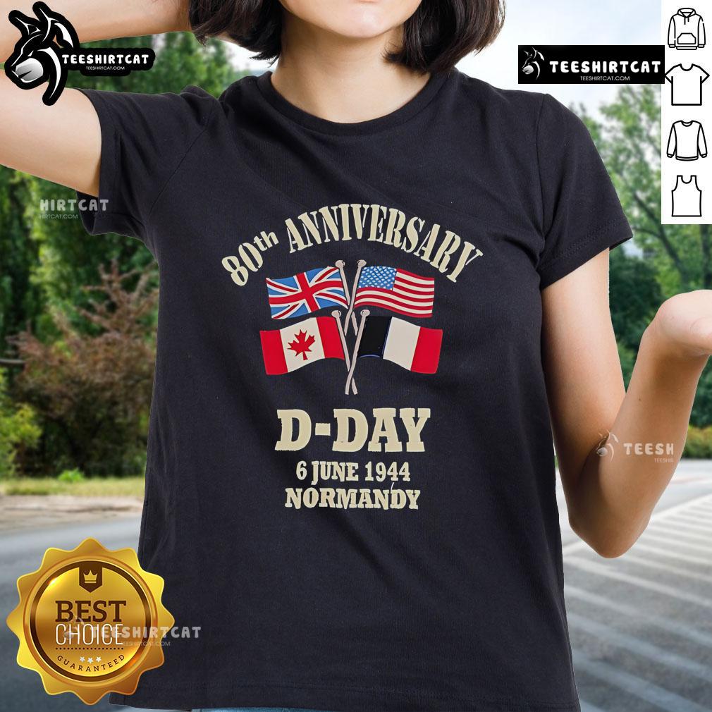 Alt Text: 80th Anniversary D-Day tees featuring UK, USA, Canada, and France flags, commemorating June 6, 1944, Normandy.