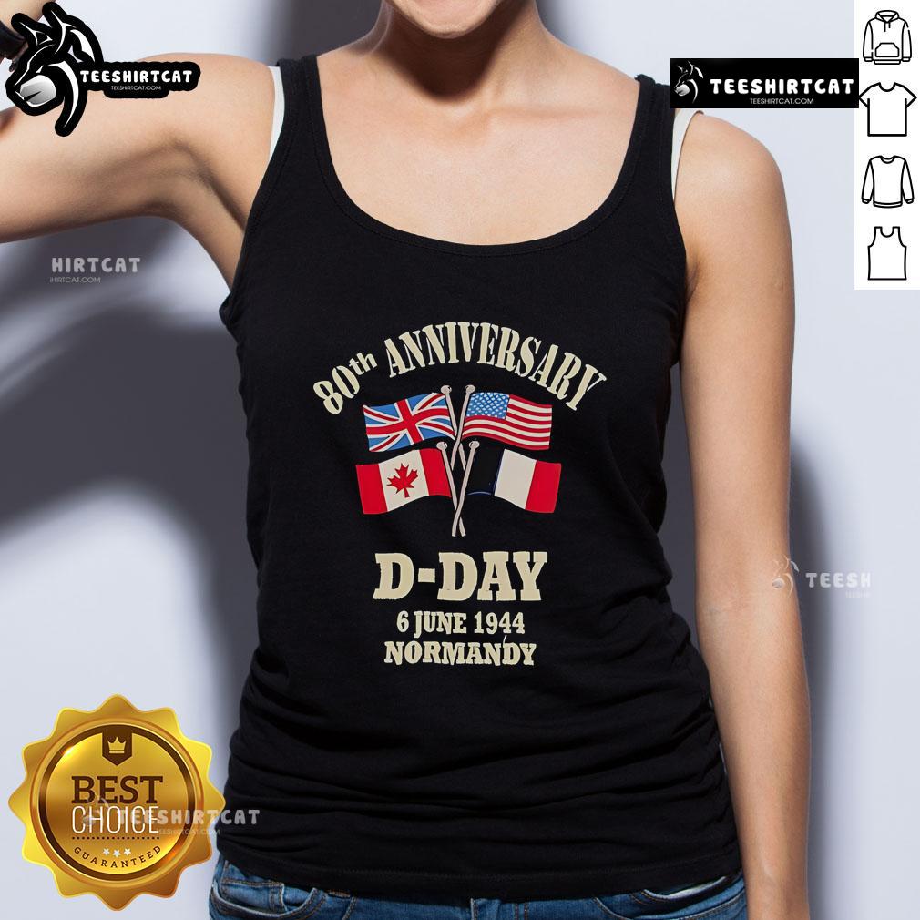 Official UK, USA, Canada, and France flags on a tank top for the 80th Anniversary of D-Day, June 6, 1944, Normandy.