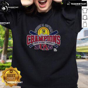 Alt Text: Official Union Academy Cardinals 2025 NCHSAA Women's 1A Softball State Champions sweatshirt in team colors.