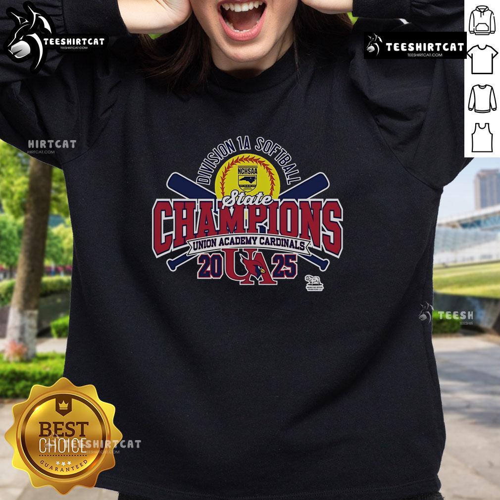 Alt Text: Official Union Academy Cardinals 2025 NCHSAA Women's 1A Softball State Champions sweatshirt in team colors.