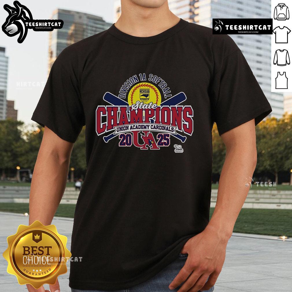 Alt Text: Union Academy Cardinals 2025 NCHSAA Women's 1A Softball State Champions T-Shirt design celebrating the victory.