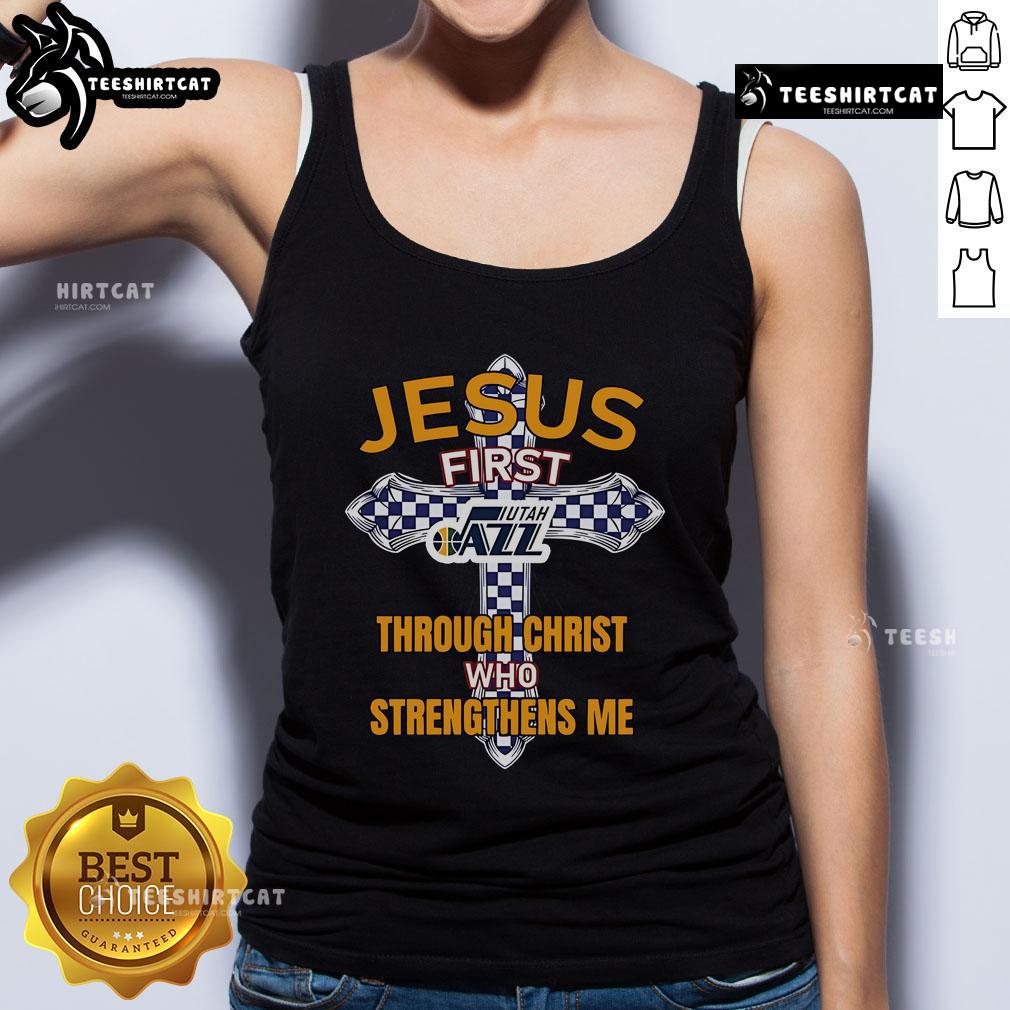 Official Utah Jazz tank top featuring 'Jesus First' and 'Through Christ Who Strengthens Me' text design.