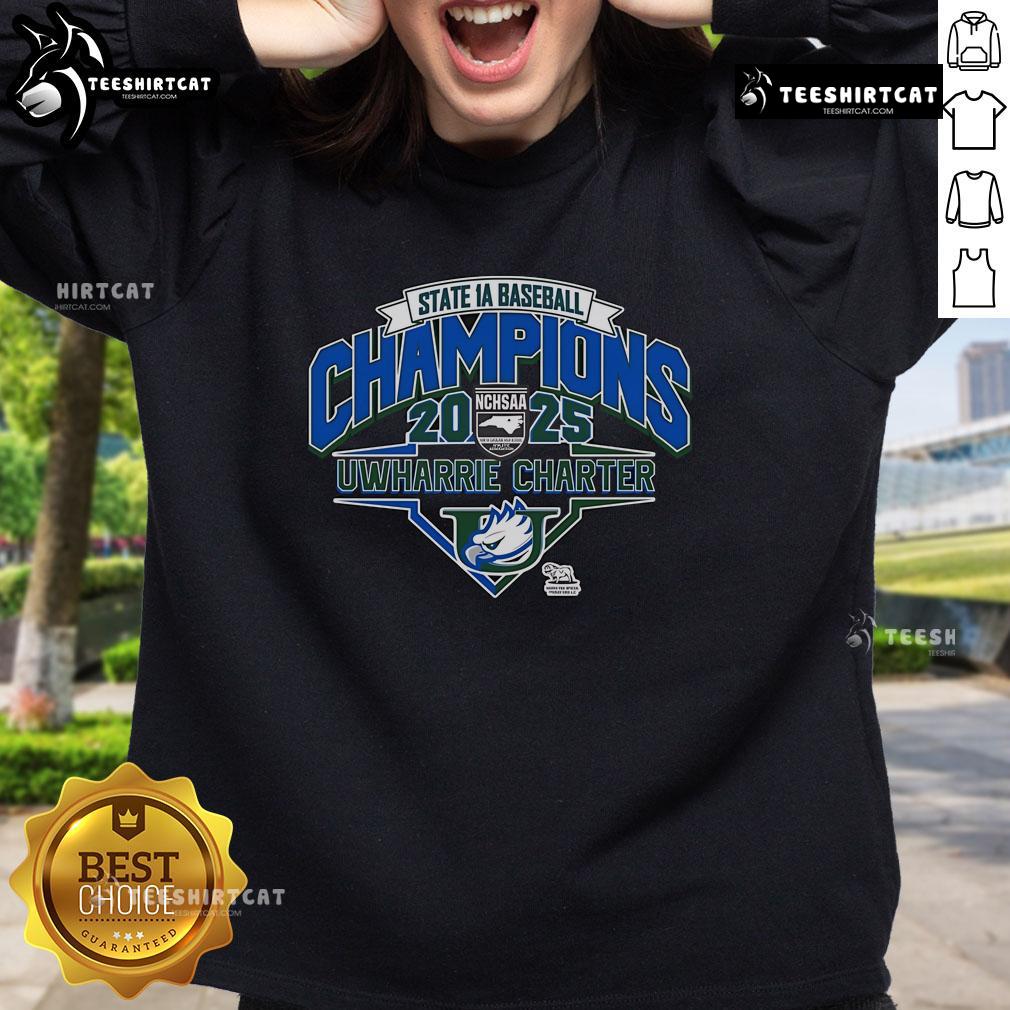 Official Uwharrie Charter Eagles 2025 NCHSAA 1A Baseball Champions Sweatshirt, featuring team logo and championship design.