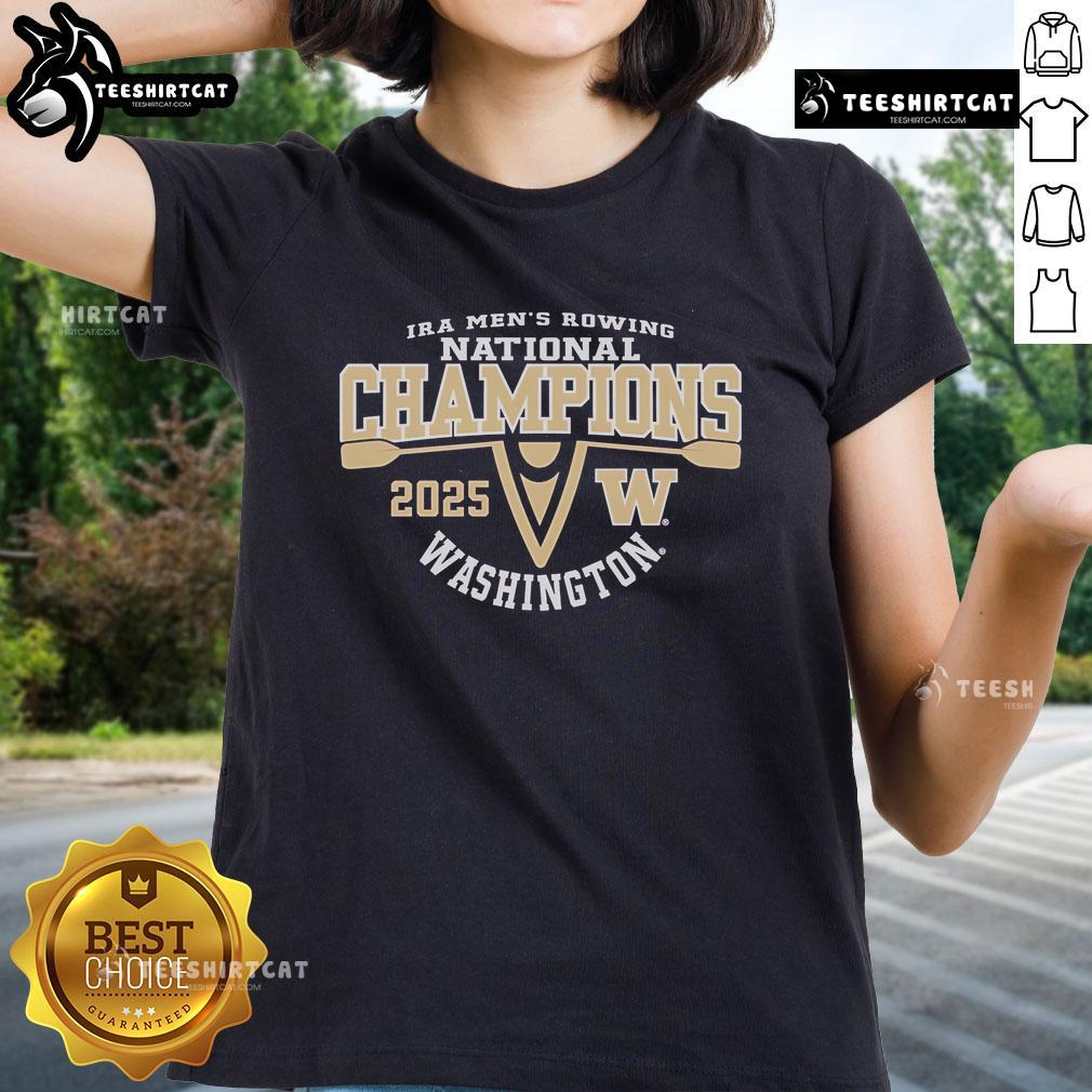 Official Washington Huskies 2025 IRA Men's Rowing National Champions ladies tee featuring team colors and logo.