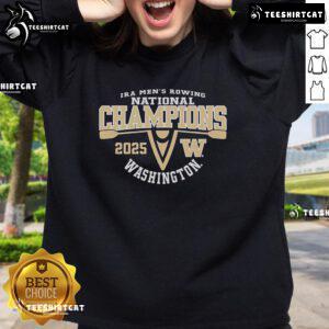 Alt Text: Official Washington Huskies 2025 IRA Men's Rowing National Champions sweatshirt featuring team colors and logo.