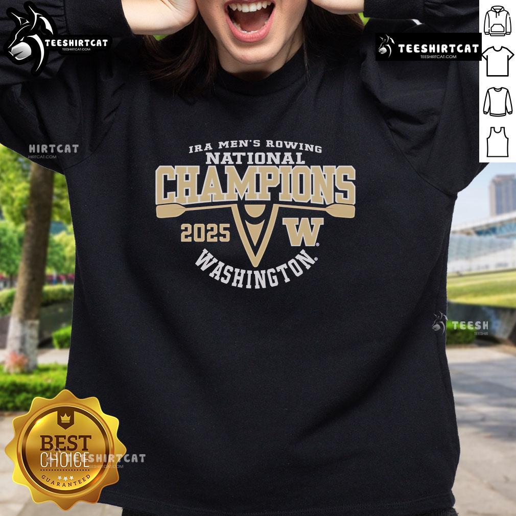 Alt Text: Official Washington Huskies 2025 IRA Men's Rowing National Champions sweatshirt featuring team colors and logo.