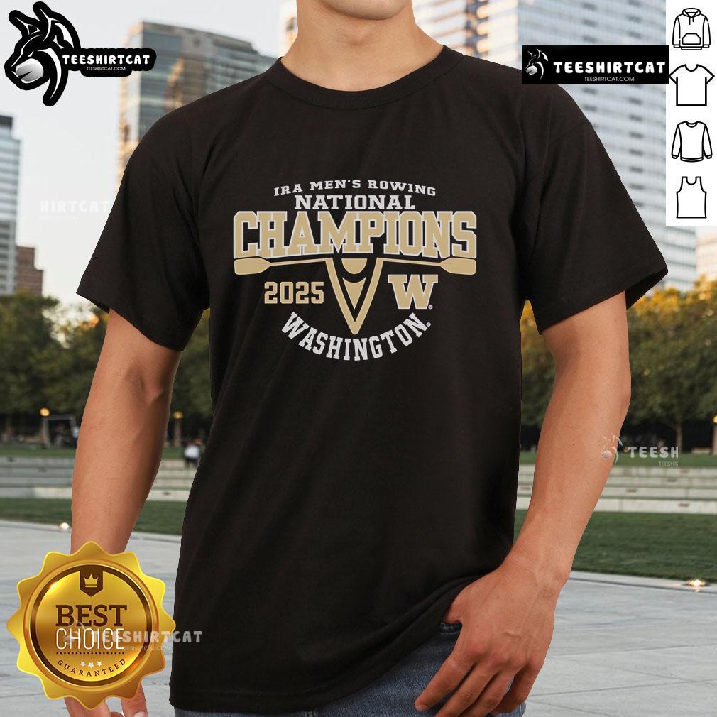Alt Text: Official Washington Huskies 2025 Men's Rowing National Champions T-Shirt featuring team logo and championship graphics.
