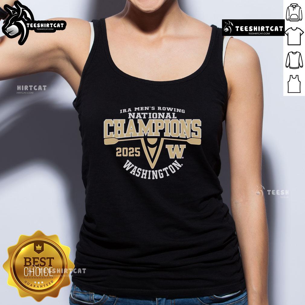 Official Washington Huskies 2025 IRA Men's Rowing National Champions tank top featuring team logo and vibrant design.