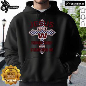 Official Washington Nation hoodie featuring 'Jesus First, Through Christ Who Strengthens Me' design in bold lettering.