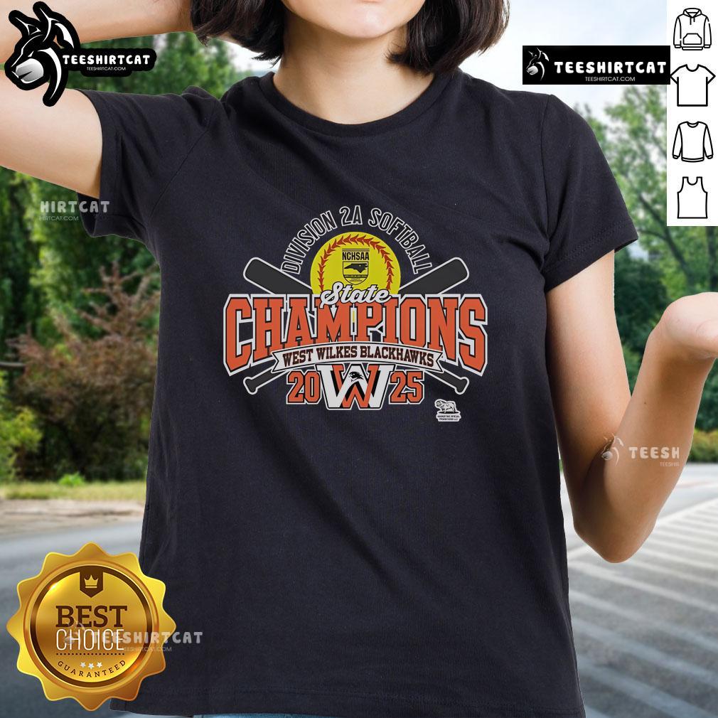 Alt Text: Official West Wilkes Blackhawks 2025 NCHSAA Women's 2A Softball State Champions Ladies Tee in black and gold design.