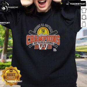 Alt Text: Official West Wilkes Blackhawks 2025 NCHSAA Women's 2A Softball State Champions sweatshirt in black and gold design.