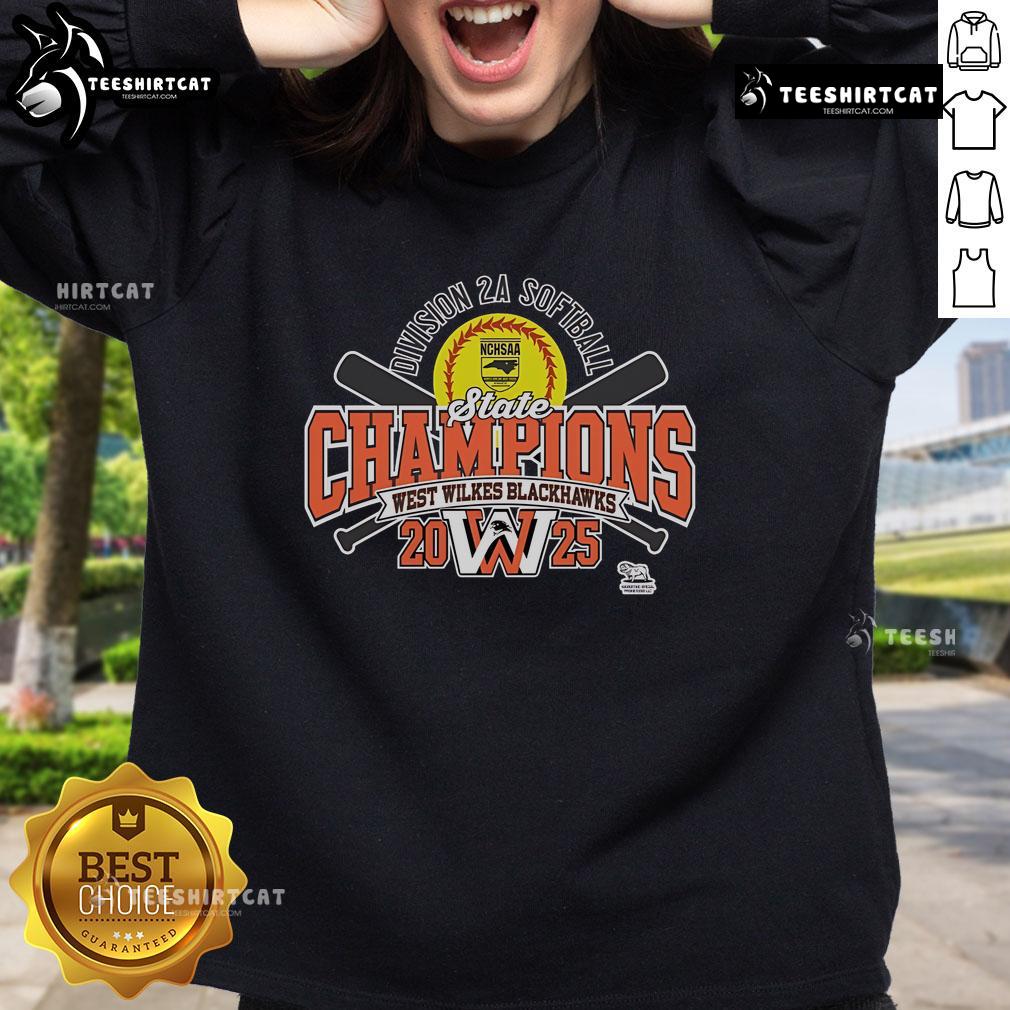 Alt Text: Official West Wilkes Blackhawks 2025 NCHSAA Women's 2A Softball State Champions sweatshirt in black and gold design.