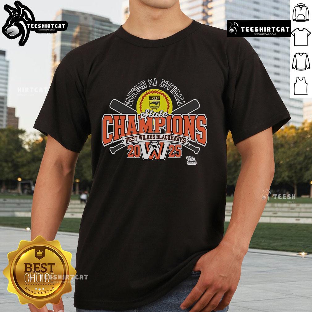 Official West Wilkes Blackhawks 2025 NCHSAA Women's 2A Softball State Champions T-Shirt featuring team logo and winning design.