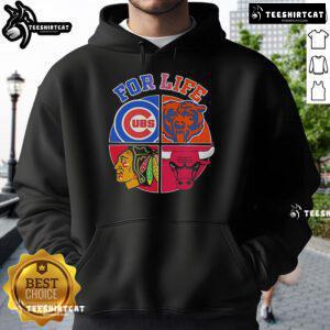 Chicago sports hoodie featuring original logos of Cubs, Bears, Blackhawks, and Bulls for fans and collectors.