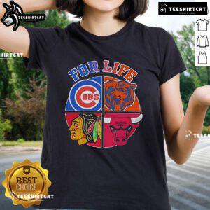 Alt Text: Original For Life Chicago Cubs, Bears, Blackhawks, Bulls logos on a stylish ladies tee shirt.