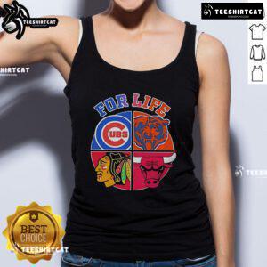 Original For Life Chicago Cubs, Bears, Blackhawks, Bulls logos tank top showcasing iconic sports team designs.