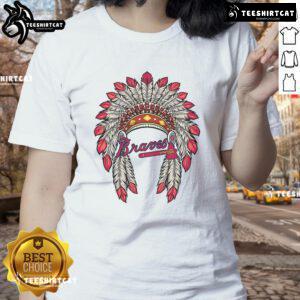 Alt Text: Premium Atlanta Braves Native American logo ladies tee in soft fabric, perfect for fans showcasing team spirit.