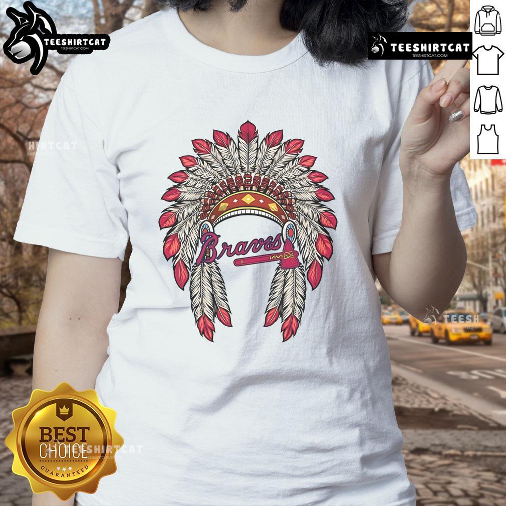 Alt Text: Premium Atlanta Braves Native American logo ladies tee in soft fabric, perfect for fans showcasing team spirit.