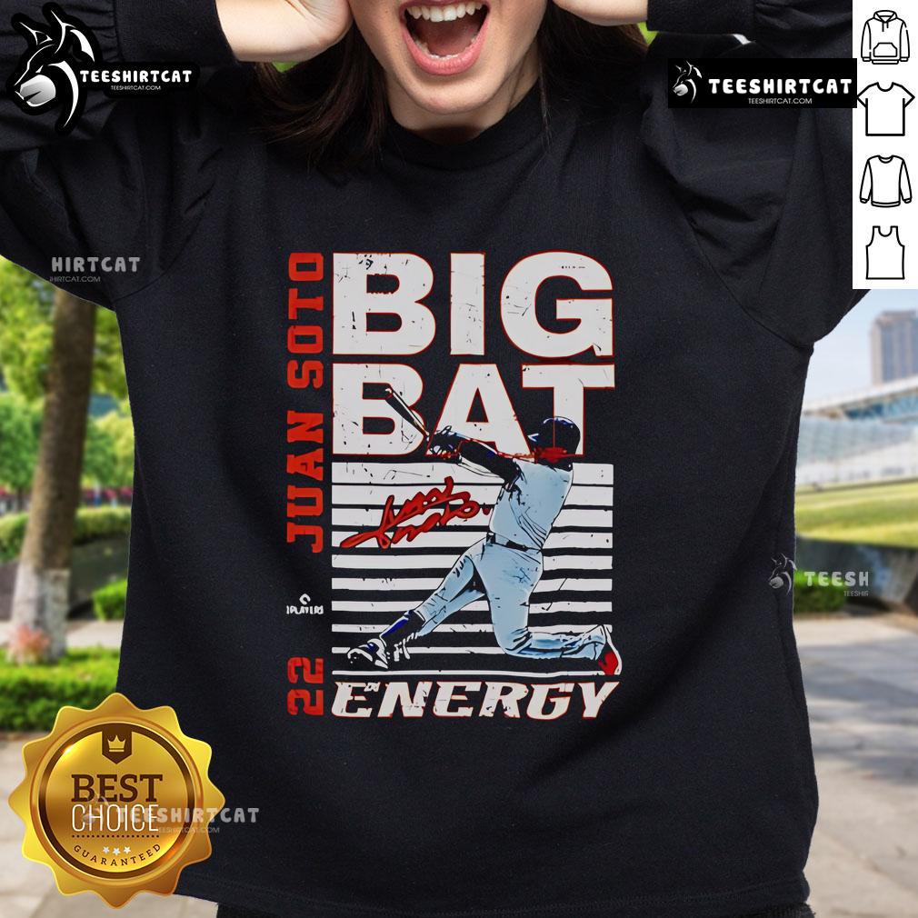 Alt Text: Premium Big Bat Energy Juan Soto New York Baseball MLBPA sweatshirt in navy blue, perfect for fans and players.