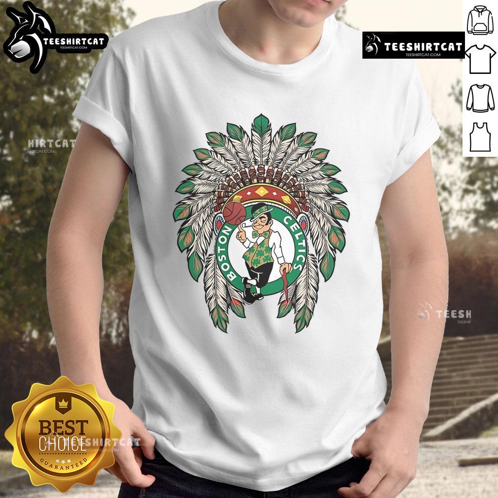 Alt Text: Premium Boston Celtics Native American Logo T-Shirt featuring a vibrant design, perfect for basketball fans and collectors.