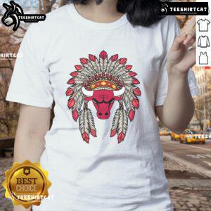 Alt Text: Premium Chicago Bulls Native American Logo Ladies Tee featuring vibrant graphics and comfortable fit for fans.
