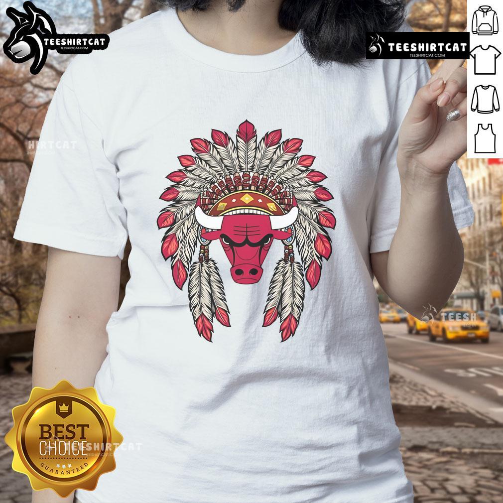 Alt Text: Premium Chicago Bulls Native American Logo Ladies Tee featuring vibrant graphics and comfortable fit for fans.