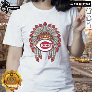 Premium Cincinnati Reds Native American logo ladies tee featuring vibrant colors and stylish design for fans.