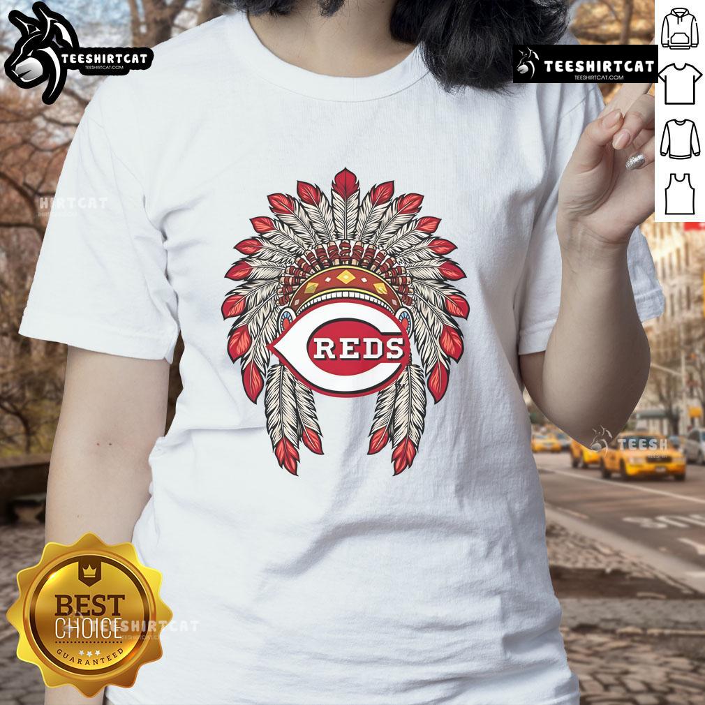 Premium Cincinnati Reds Native American logo ladies tee featuring vibrant colors and stylish design for fans.