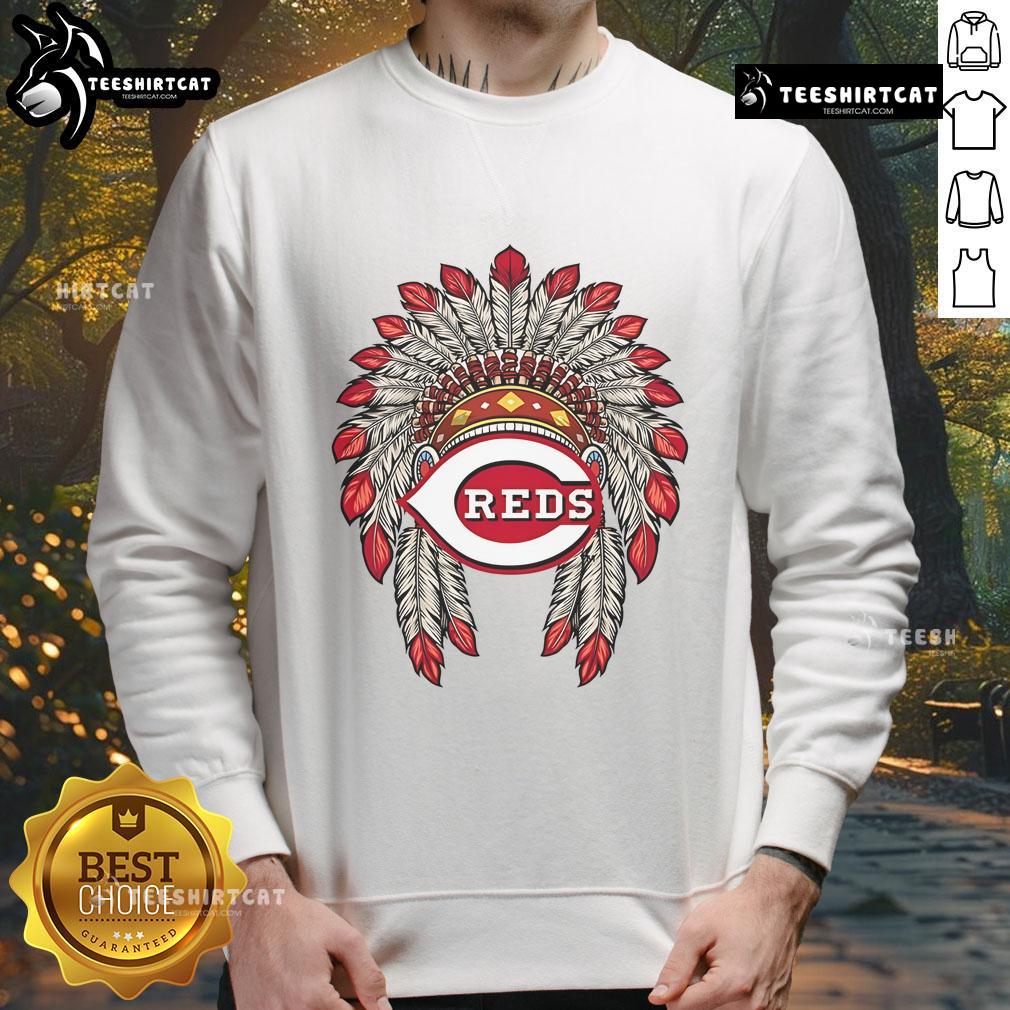 Premium Cincinnati Reds Native American logo sweatshirt featuring vibrant colors and a comfortable fit for fans.