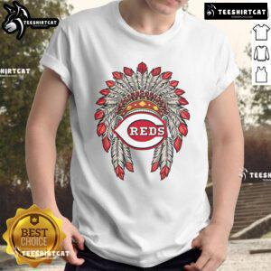 Premium Cincinnati Reds Native American Logo T-Shirt featuring a vibrant design, perfect for baseball fans and collectors.
