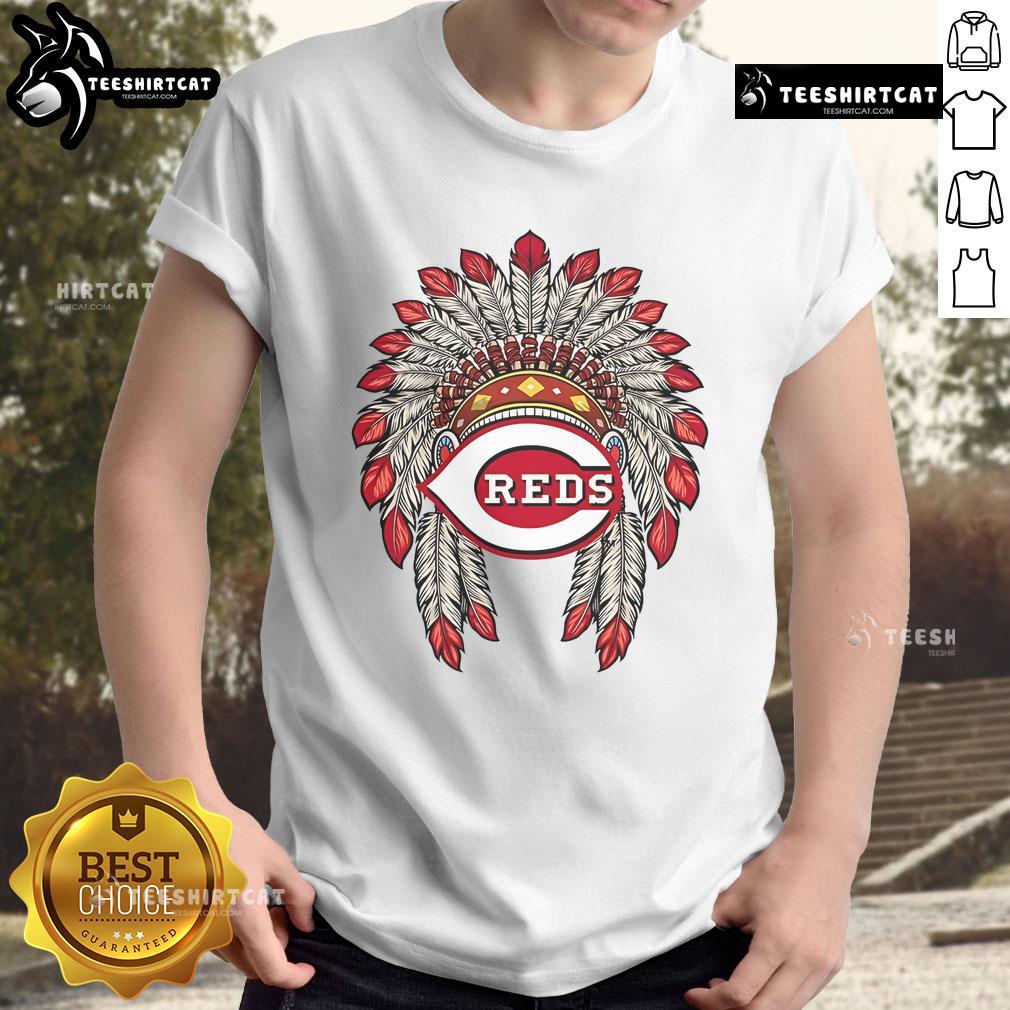 Premium Cincinnati Reds Native American Logo T-Shirt featuring a vibrant design, perfect for baseball fans and collectors.
