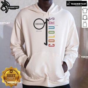 Premium David Sylvian Forbidden Colours hoodie in rainbow design, showcasing 'My Love Wears Pride' message.