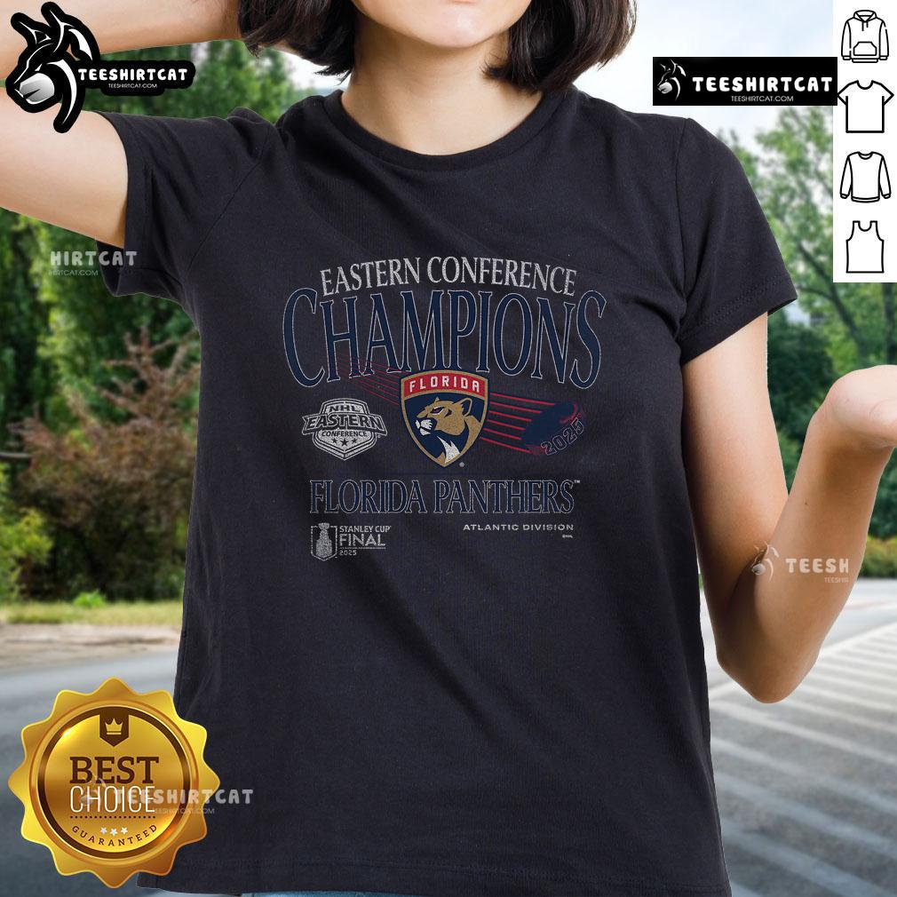 Premium Florida Panthers 2025 Eastern Conference Champions old school ladies tee featuring team logo and vintage design.
