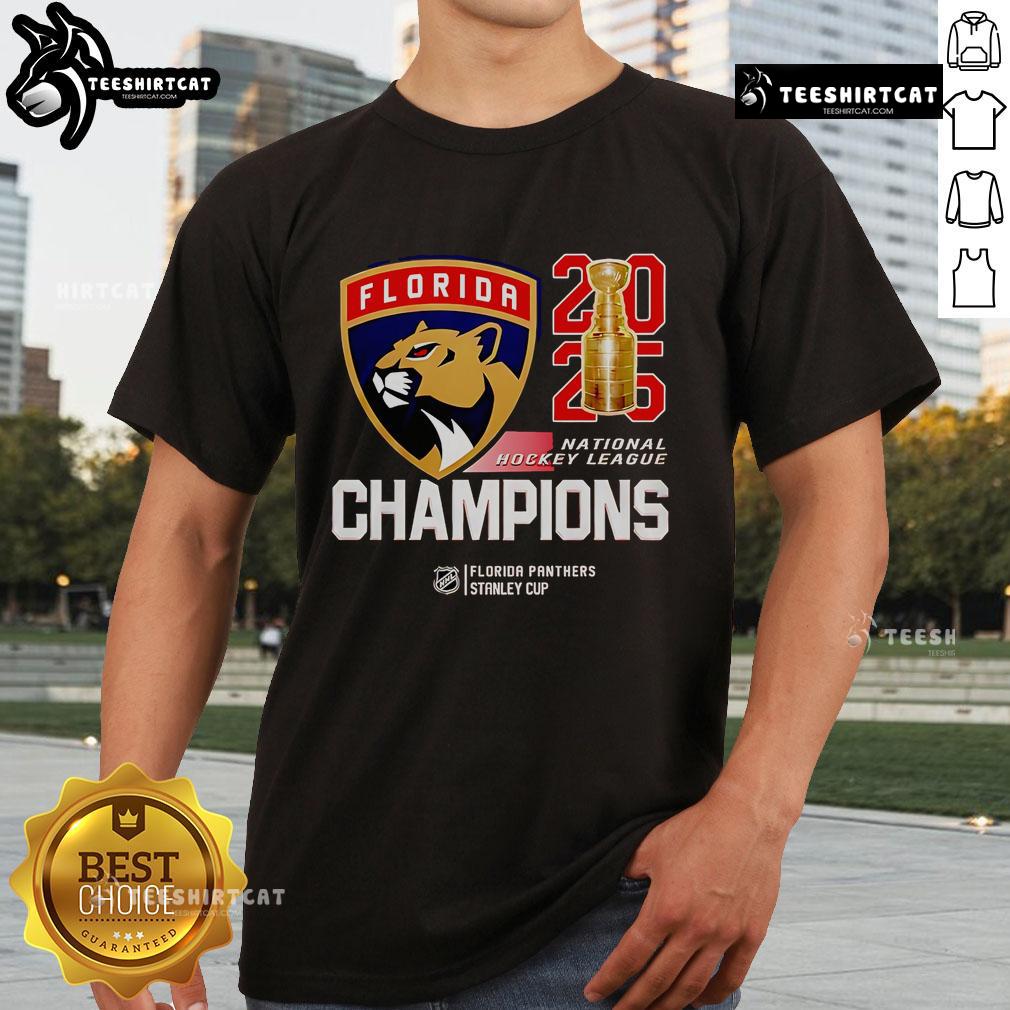 Premium Florida Panthers 2025 NHL Final Champions T-Shirt featuring team logo and celebratory design.