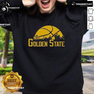 Alt Text: Premium Golden State cityscape skyline sweatshirt featuring a vibrant design of iconic landmarks in California.
