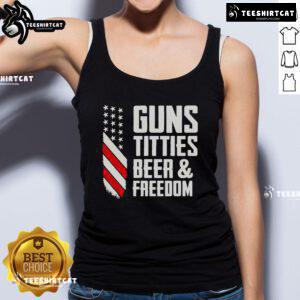 Premium Guns Titties Beer and Freedom tank top featuring a bold graphic design for patriotic apparel lovers.