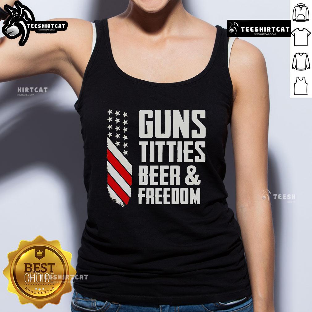 Premium Guns Titties Beer and Freedom tank top featuring a bold graphic design for patriotic apparel lovers.