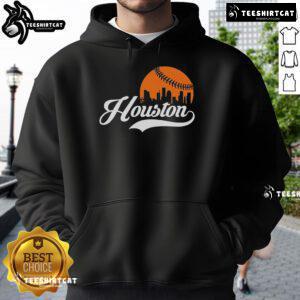 Premium Houston City Baseball Skyline Hoodie featuring iconic Houston skyline design, perfect for baseball fans and city lovers.