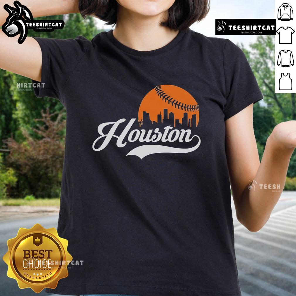 Premium Houston City Baseball Skyline Ladies Tee featuring a stylish design celebrating Houston's vibrant skyline.