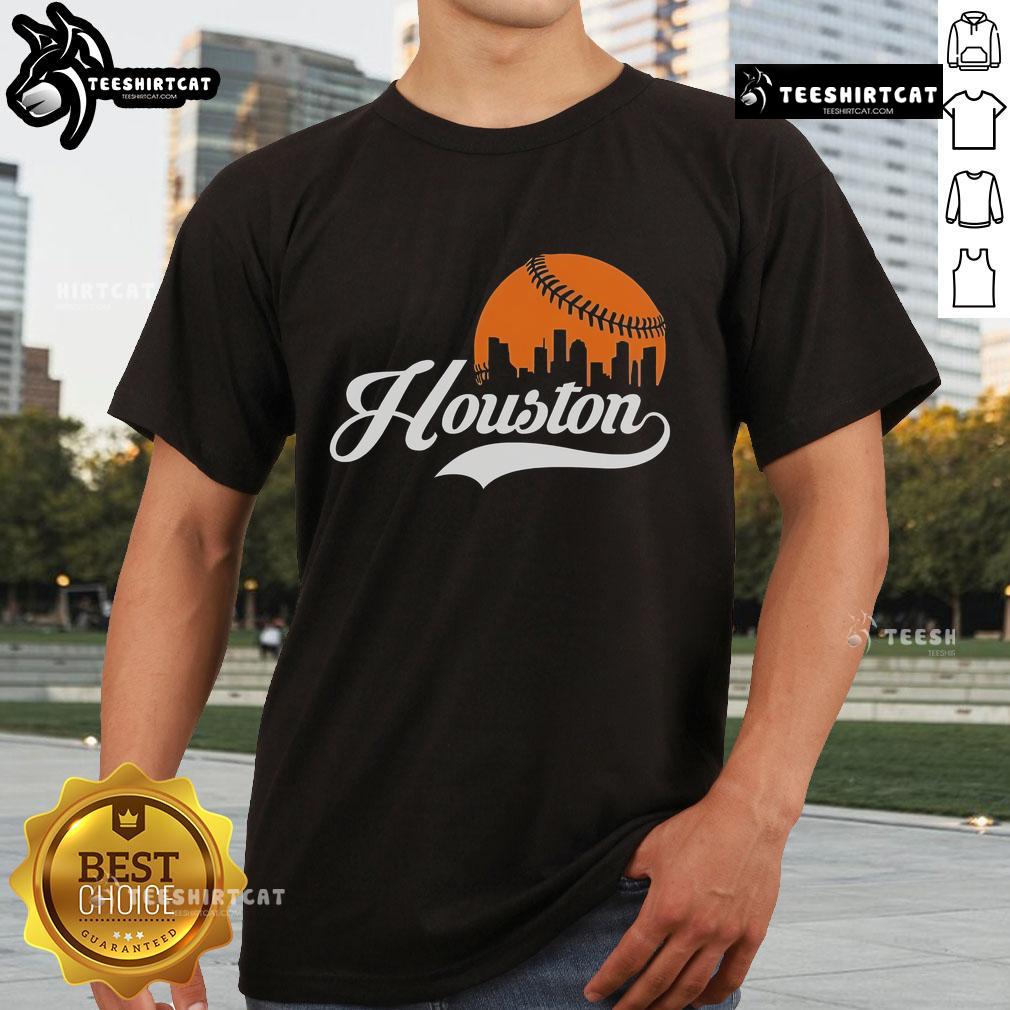Premium Houston City Baseball Skyline T-Shirt featuring a vibrant city skyline design and baseball graphics, perfect for fans.