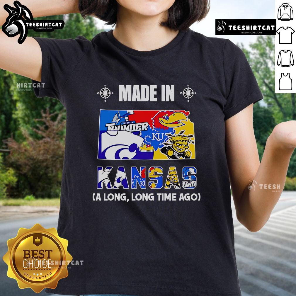 Premium Made in Kansas A Long Long Time Ago ladies tee featuring a vintage design and soft fabric for comfortable wear.