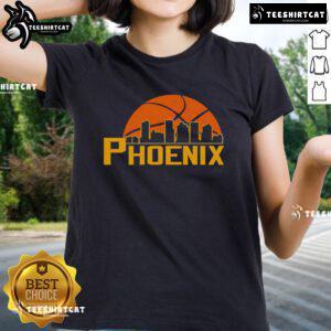 Alt Text: Premium Phoenix Suns cityscape skyline style 2025 ladies tee showcasing vibrant team colors and stylish design.