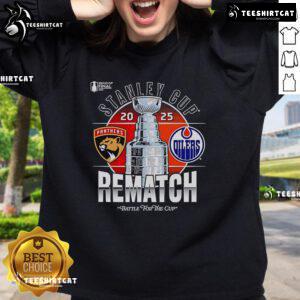 Alt Text: Premium Stanley Cup Final 2025 sweatshirt featuring Florida Panthers vs Edmonton Oilers rematch logo design.