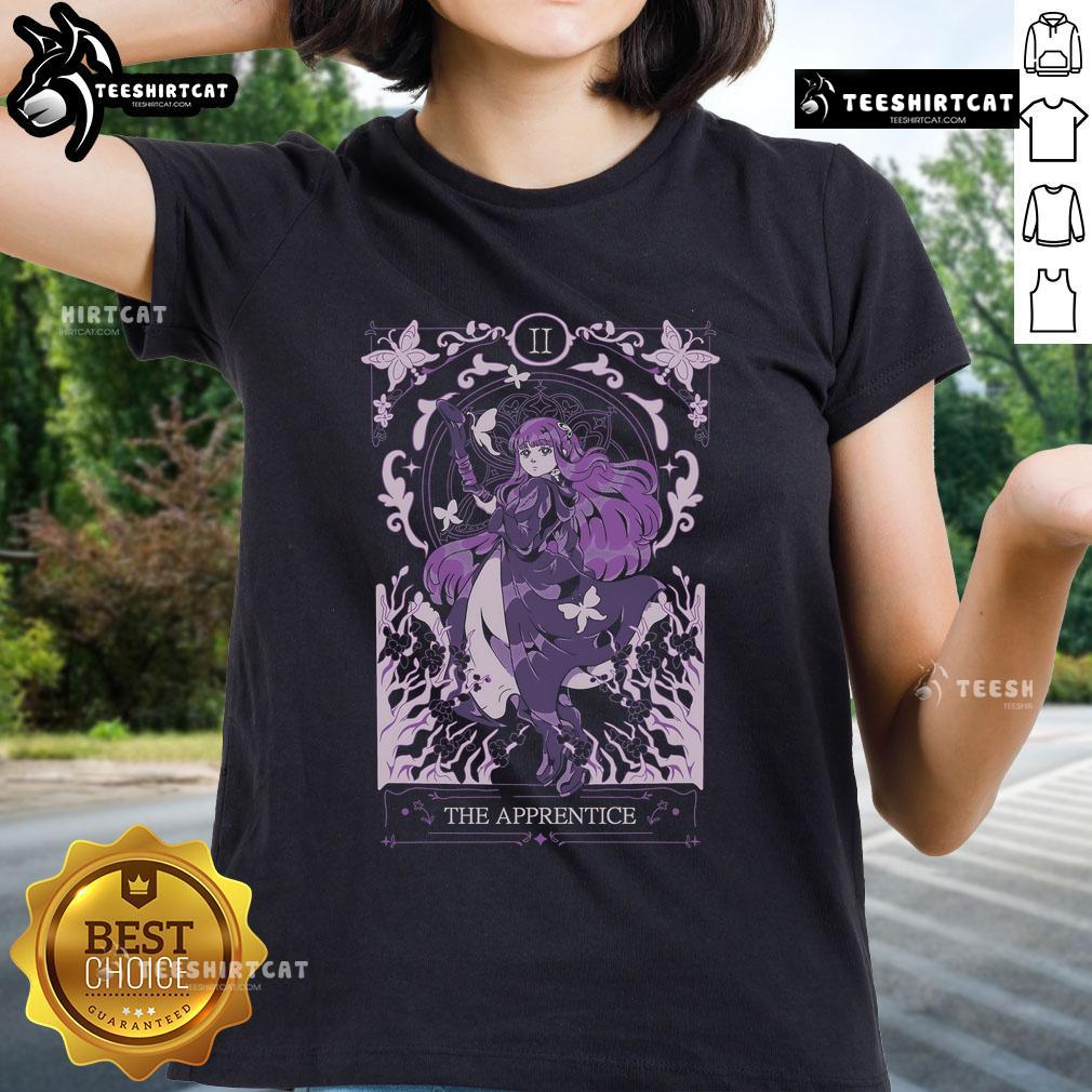 Alt Text: Pretty Fern from The Apprentice Freiren Beyond Journey's End on a stylish ladies tee, perfect for anime fans.