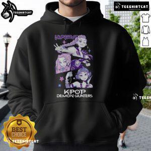 Stylish K-pop demon hunters wearing Huntrix hoodies, showcasing vibrant colors and trendy designs for fans.