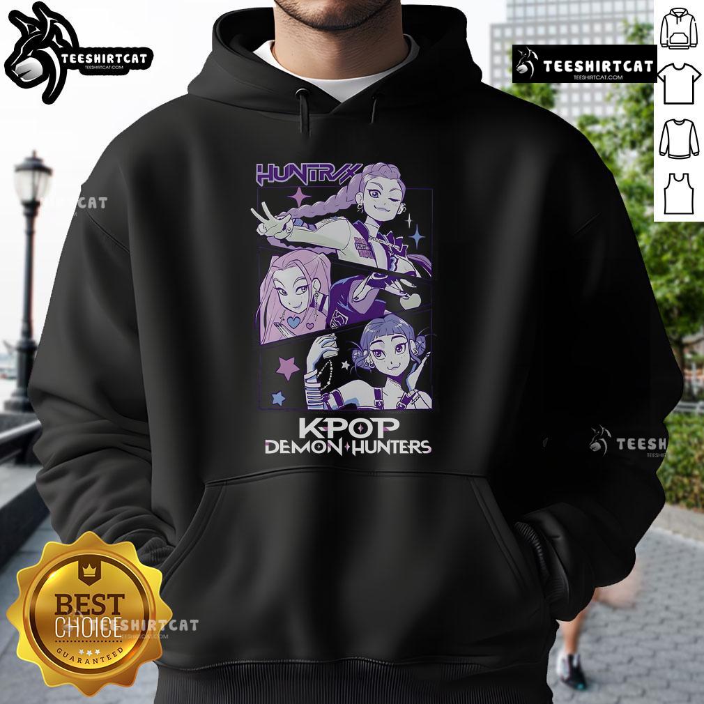 Stylish K-pop demon hunters wearing Huntrix hoodies, showcasing vibrant colors and trendy designs for fans.