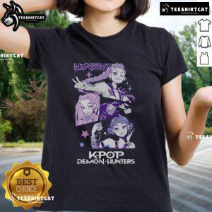 Alt Text: Stylish K-pop demon hunters in 'Huntrix' ladies tee, showcasing vibrant colors and trendy designs for fans.