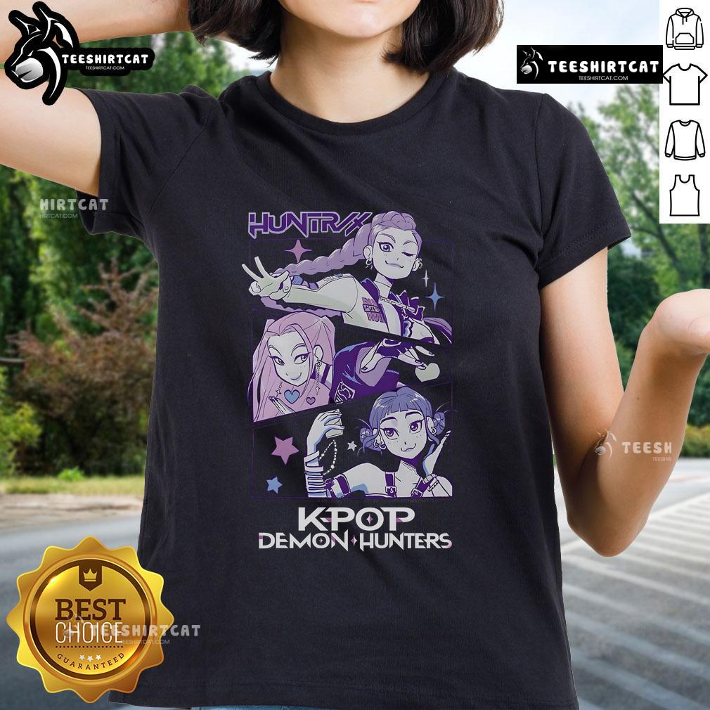 Alt Text: Stylish K-pop demon hunters in 'Huntrix' ladies tee, showcasing vibrant colors and trendy designs for fans.