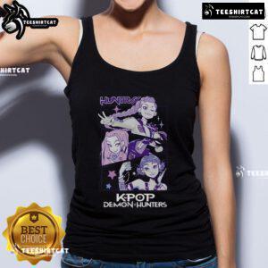 Pretty K-Pop demon hunters in stylish Huntrix tank tops showcasing vibrant colors and dynamic fashion.